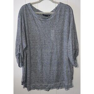 Adrienne Vittadini Linen Blouse Size 2X Black and Grey Stripes Half Sleeves